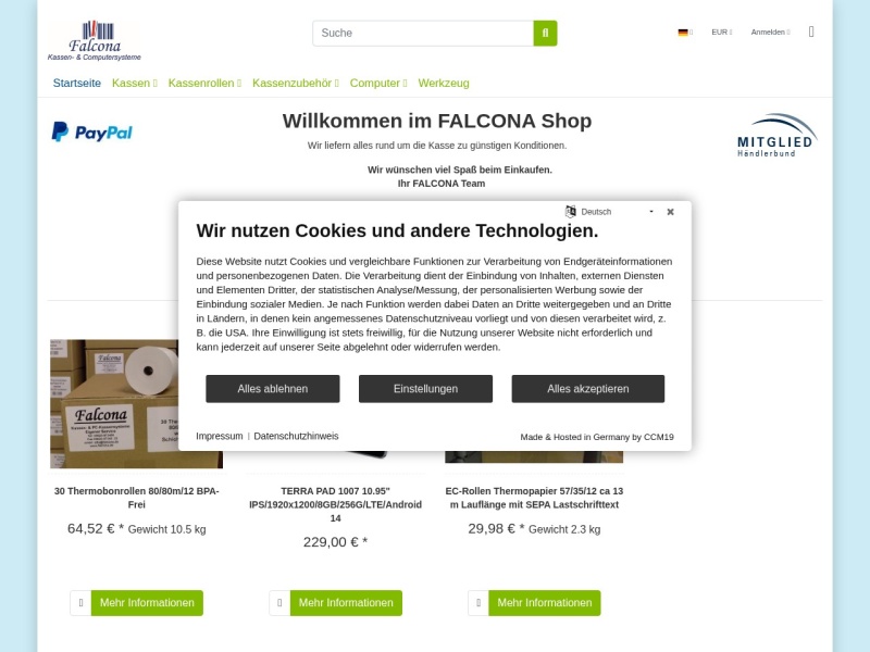 Screenshot des Onlineshops falcona.de