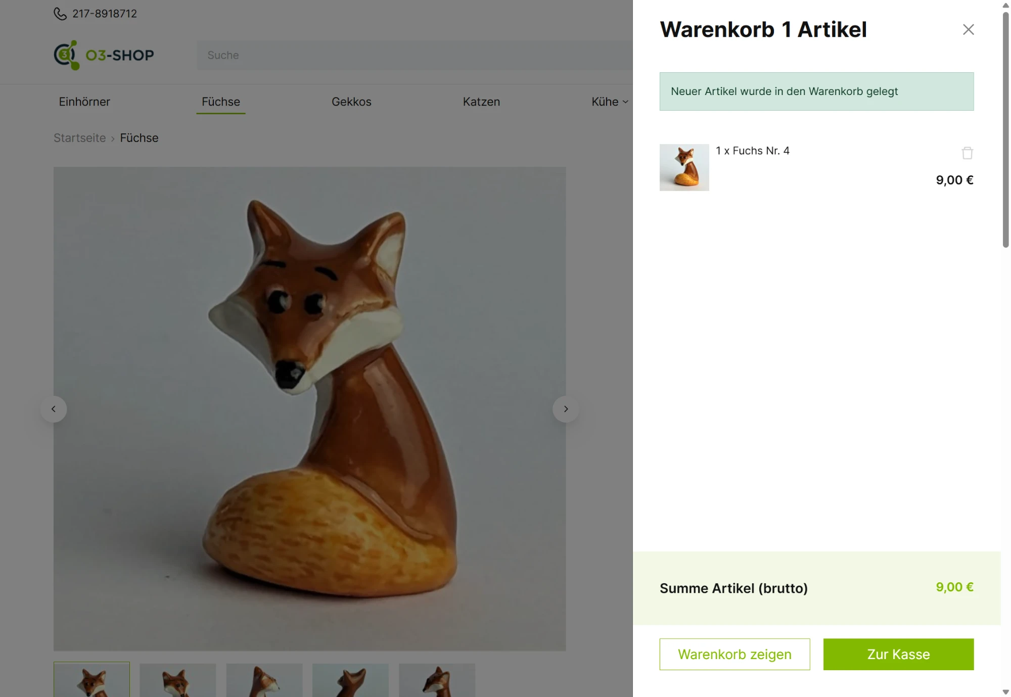 O3-Shop Storefront – Artikel in den Warenkorb gelegt, Warenkorb-Drawer offen