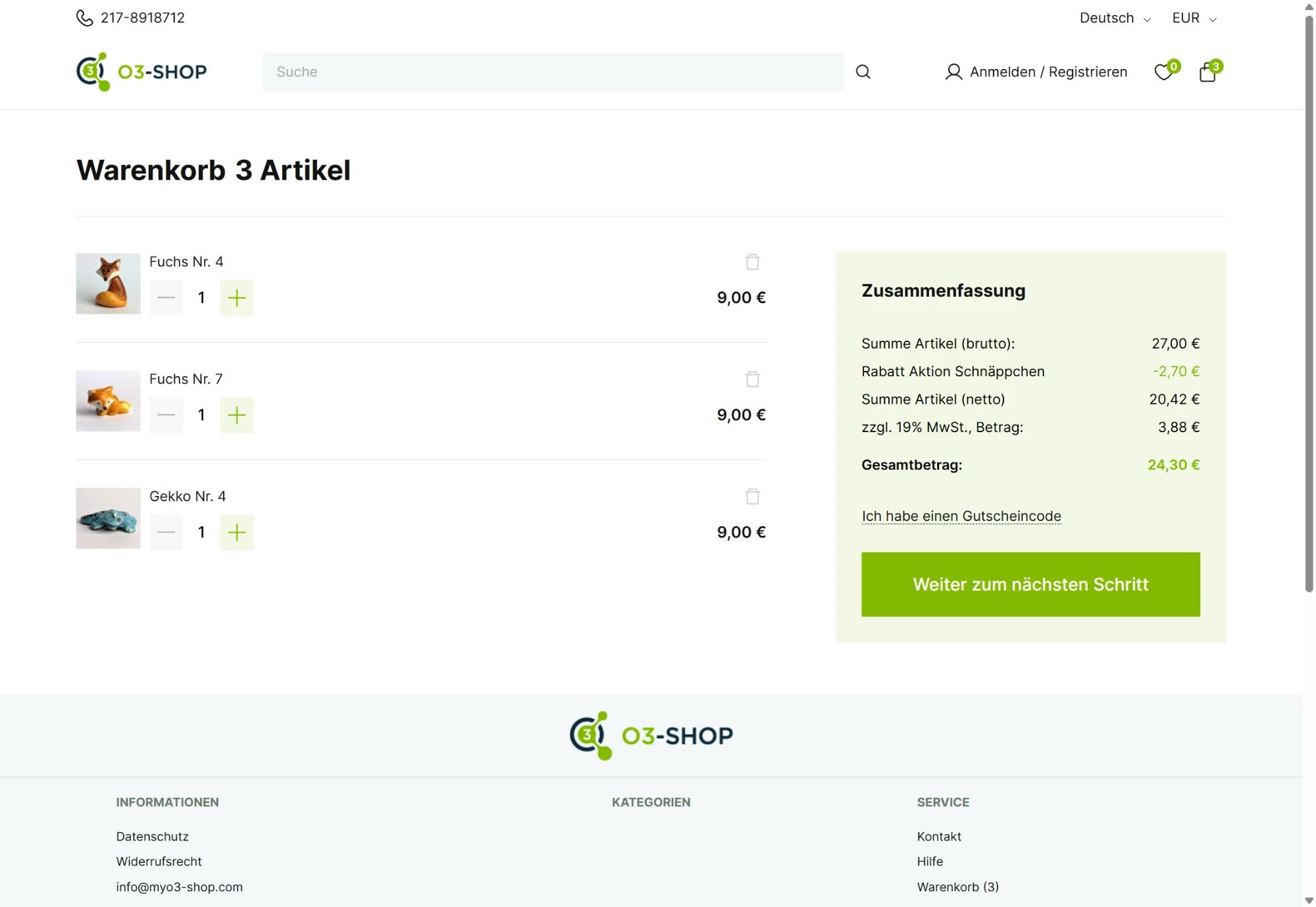 O3-Shop Storefront – Warenkorb mit Rabatt-Aktion und Summenübersicht